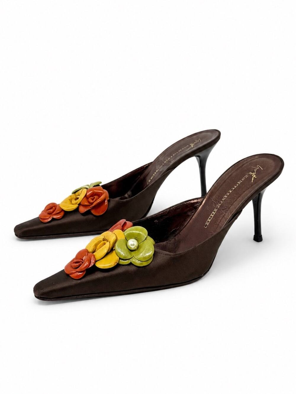 Giuseppe Zanotti Floral Mule Heels Brown Satin Pointed Toe Womens Size EU 39
